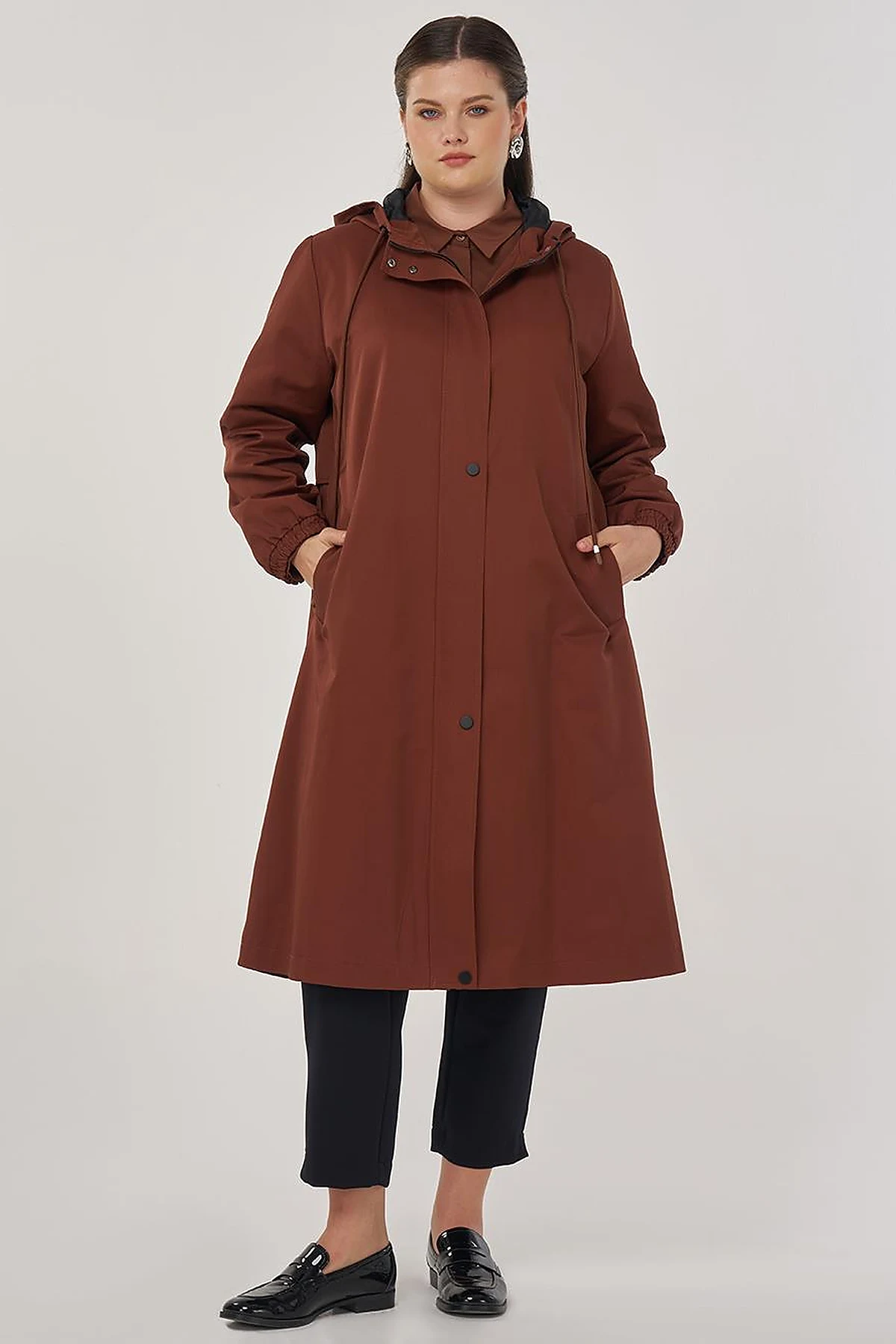 Long Hooded Trench Coat in Tobacco