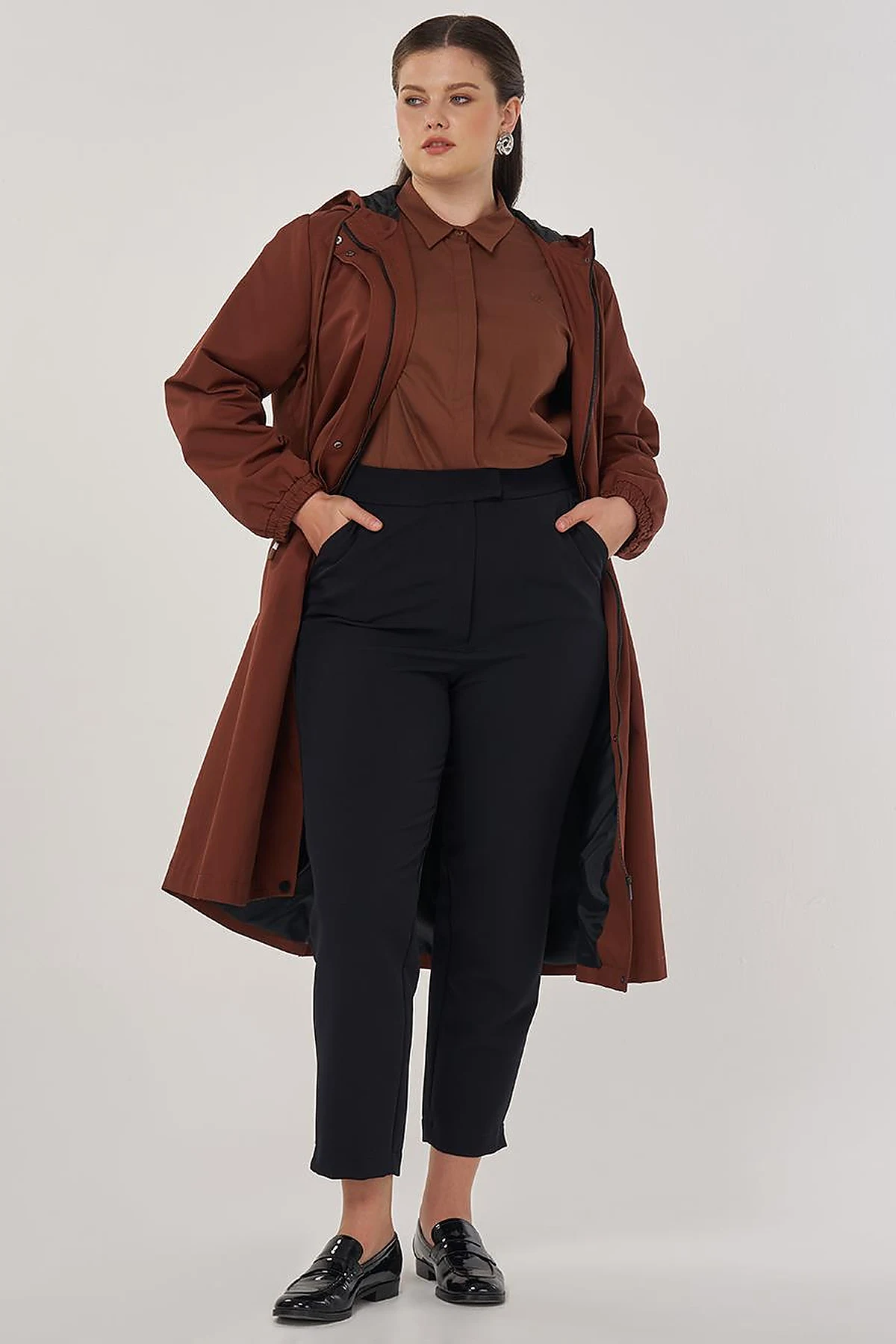 Long Hooded Trench Coat in Tobacco