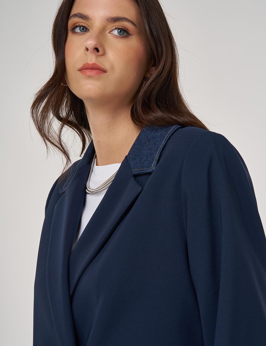 Denim Garnished Blazer in Dark Navy