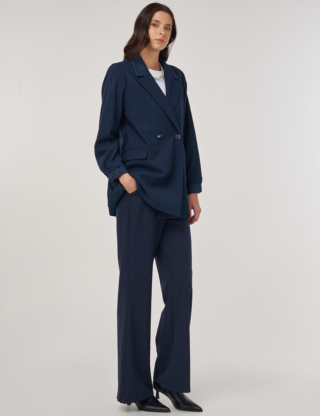 Denim Garnished Blazer in Dark Navy