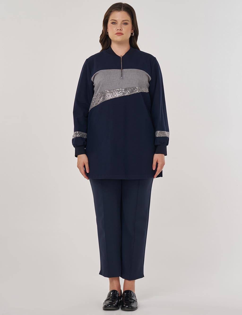 Sequin-Embroidered Cotton Tunic Dark Navy