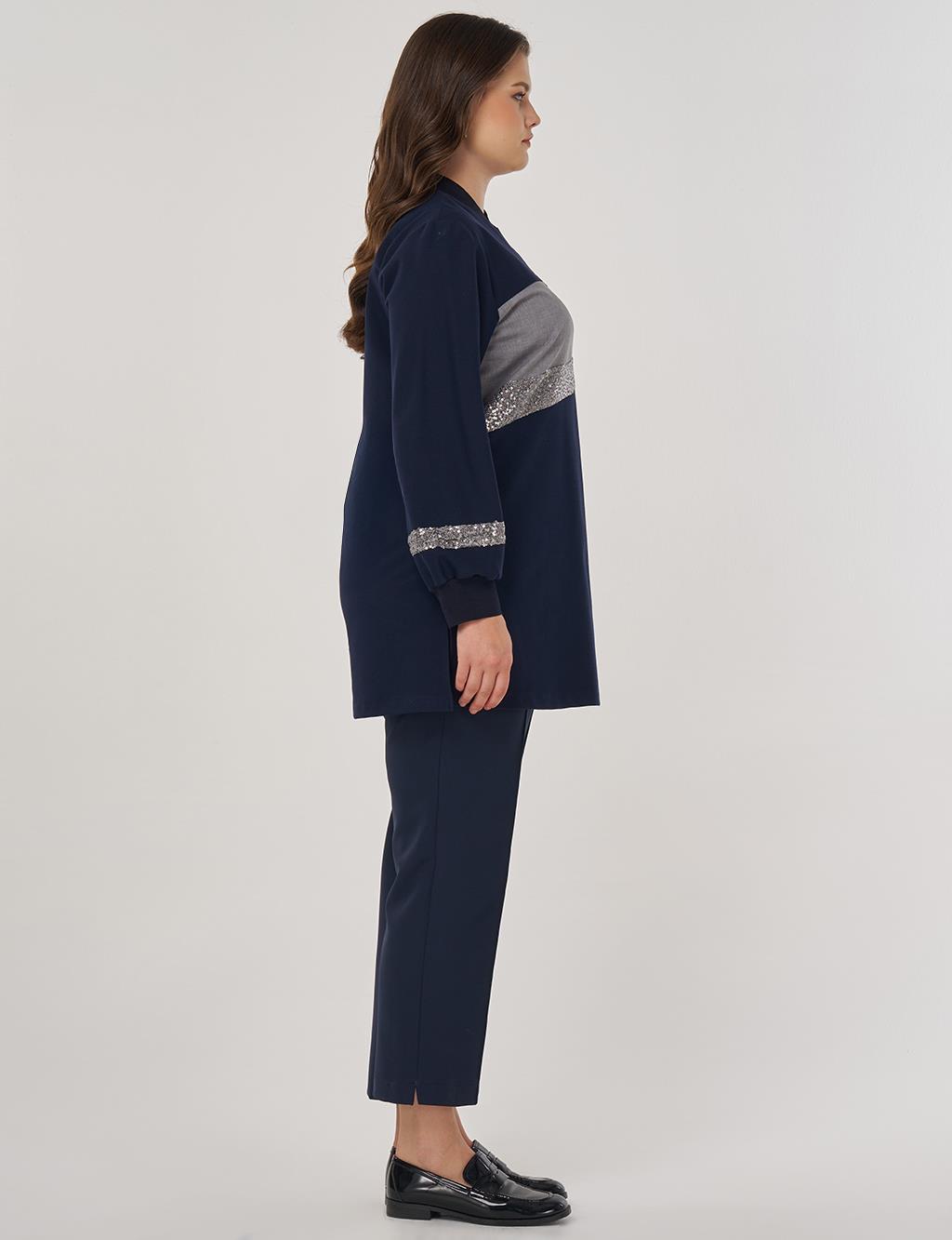 Sequin-Embroidered Cotton Tunic Dark Navy