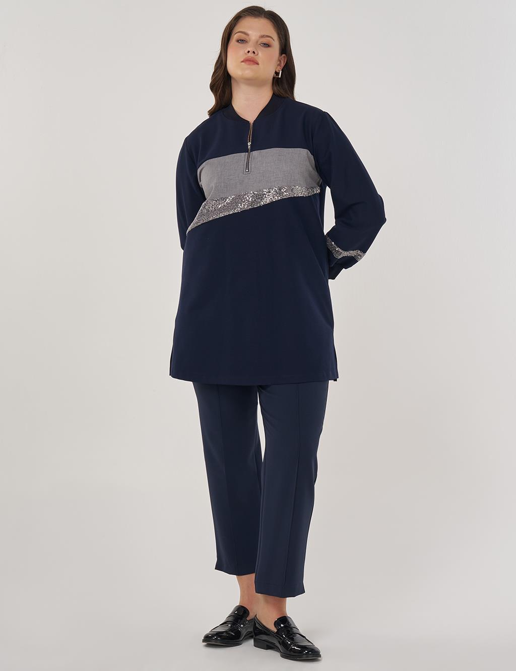 Sequin-Embroidered Cotton Tunic Dark Navy