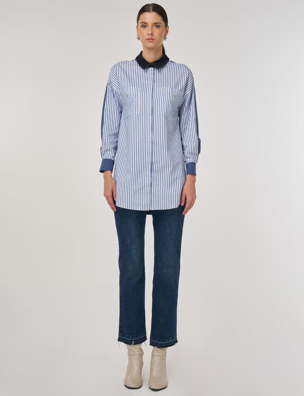 Color-Blocked Cotton Tunic in Indigo