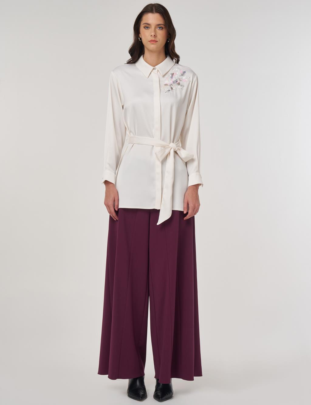 Sequin-Embroidered Satin Tunic Ecru