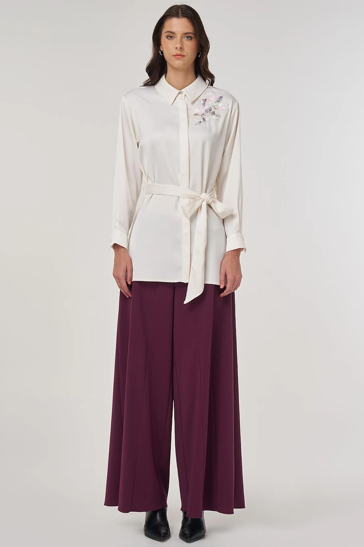 Sequin-Embroidered Satin Tunic Ecru