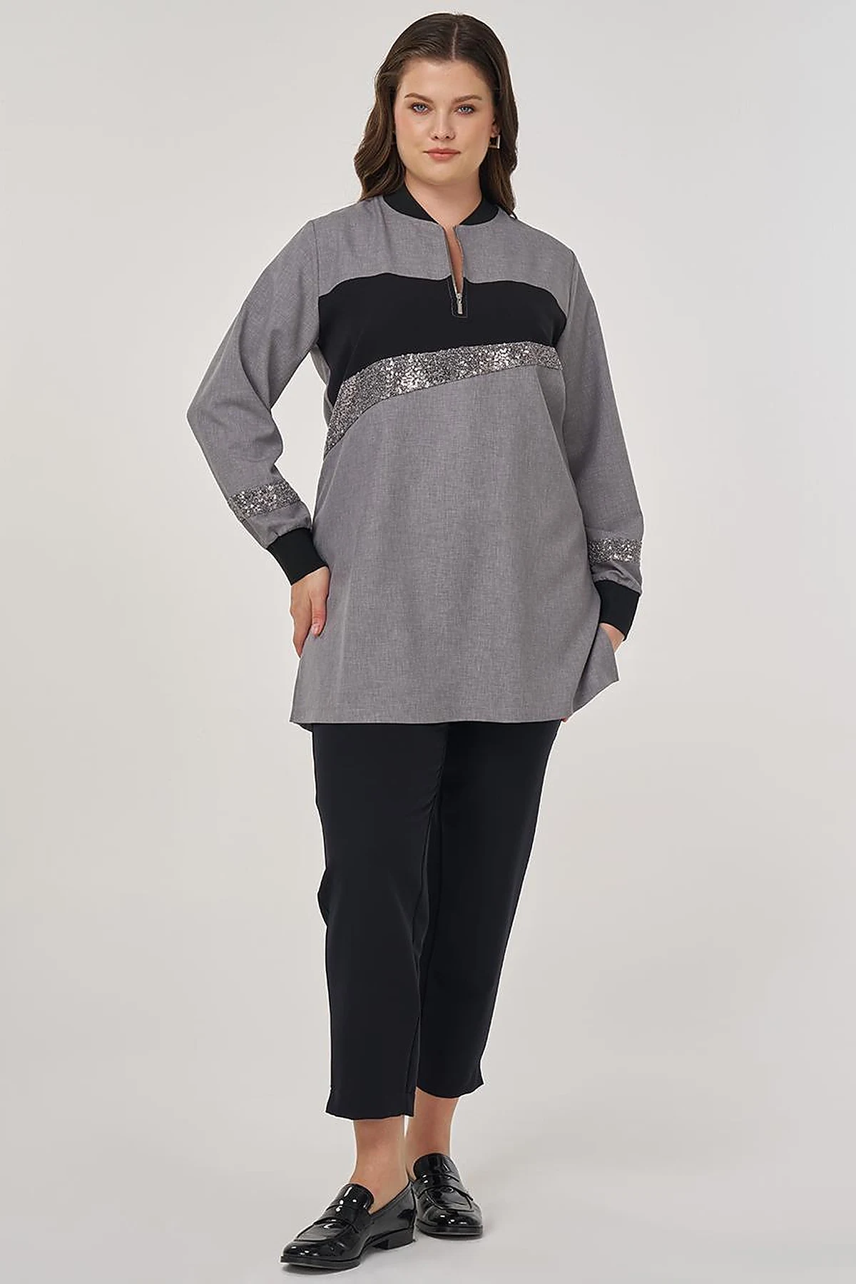 Sequin-Embroidered Tunic Gray