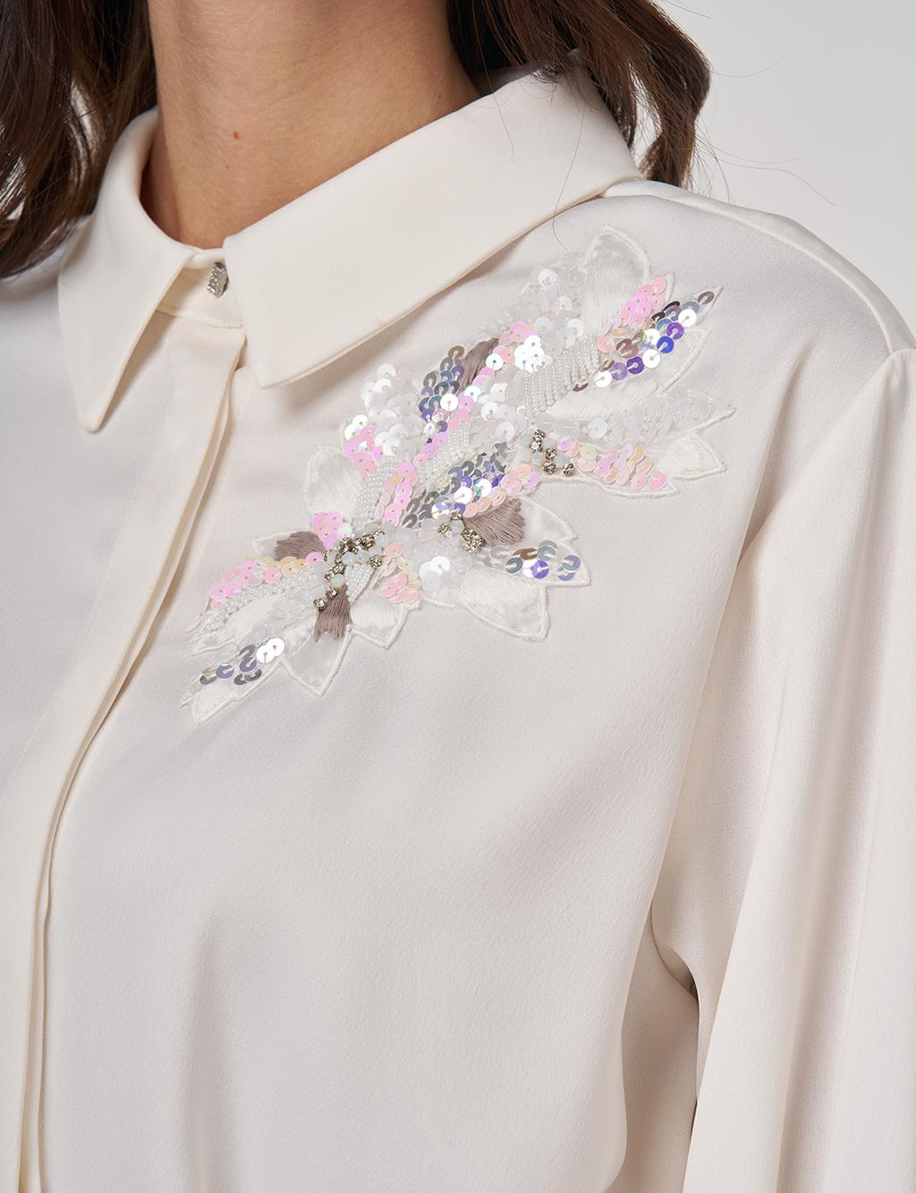 Sequin-Embroidered Satin Tunic Ecru