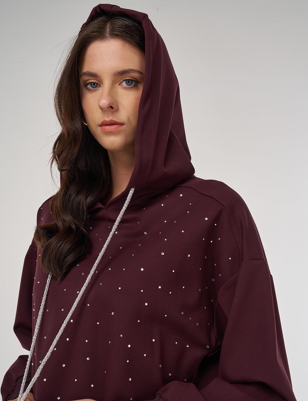 Hotfix Baskılı Rayon Sweatshirt Koyu Bordo 
