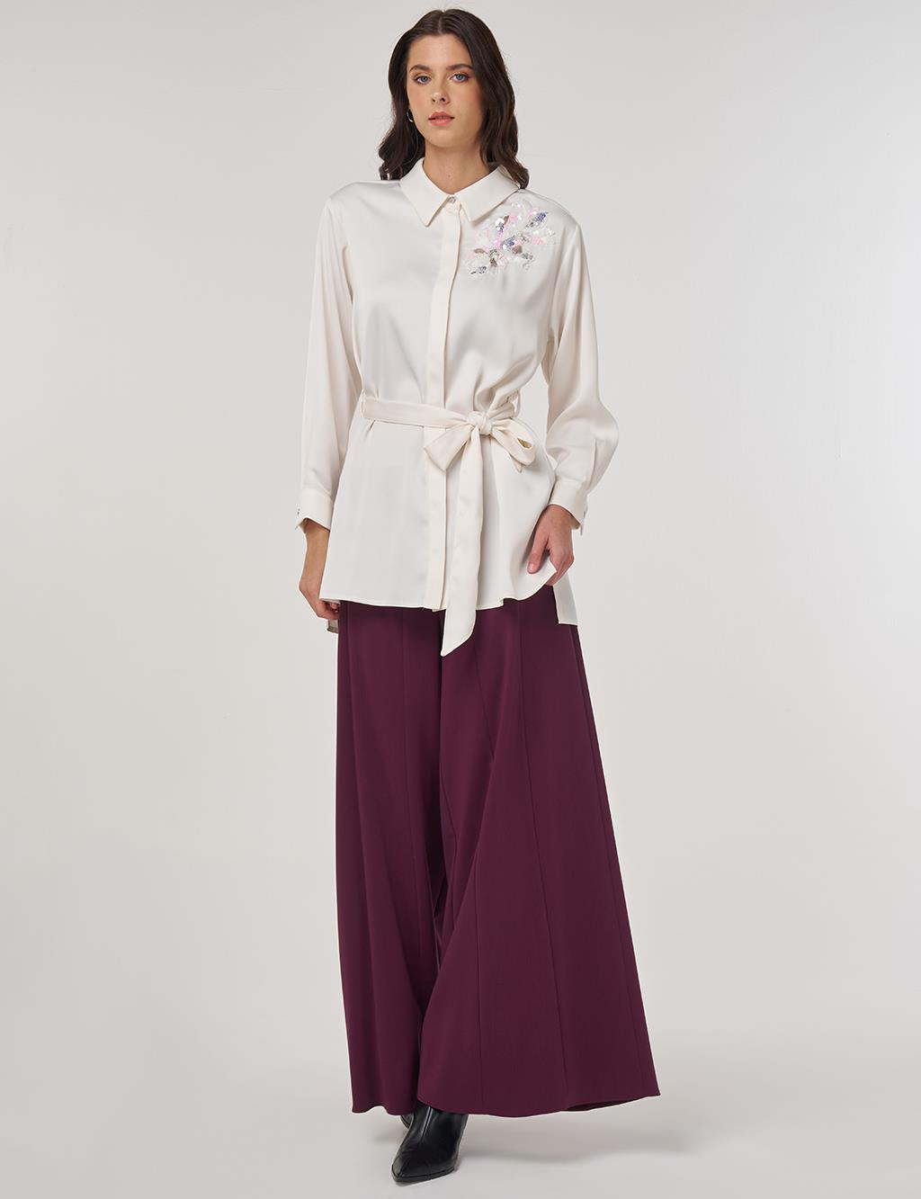 Sequin-Embroidered Satin Tunic Ecru