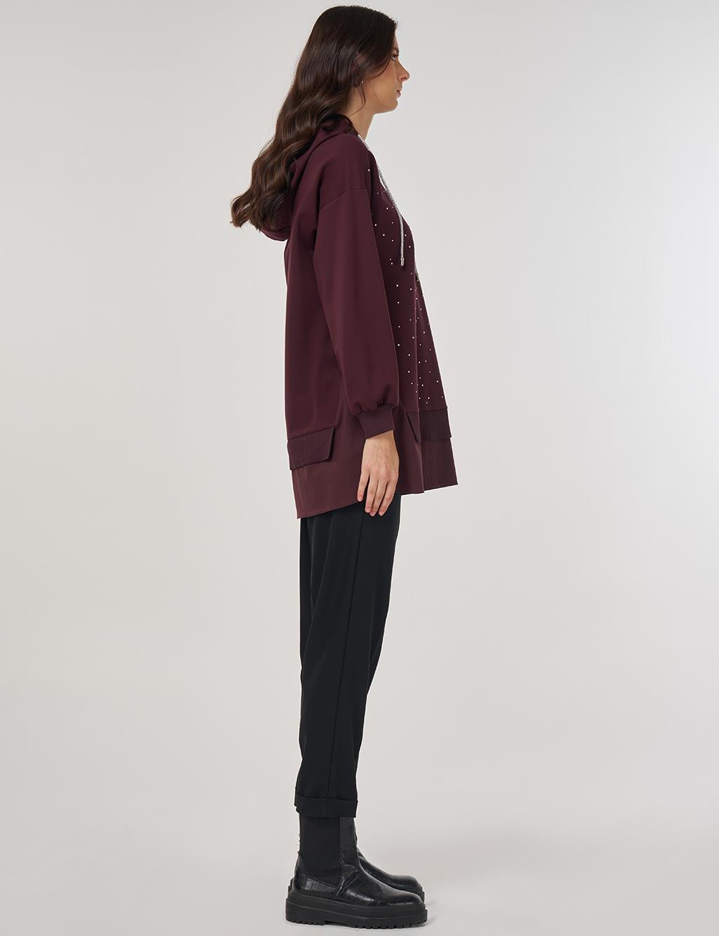 Hotfix Baskılı Rayon Sweatshirt Koyu Bordo 