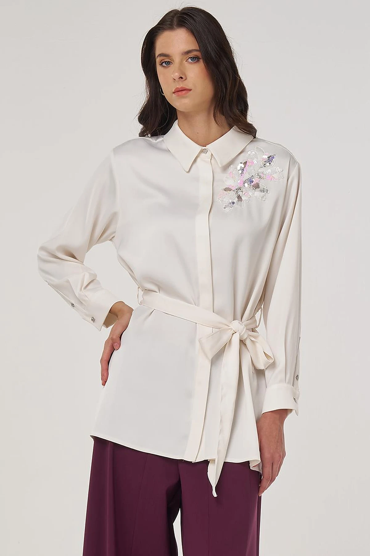 Sequin-Embroidered Satin Tunic Ecru