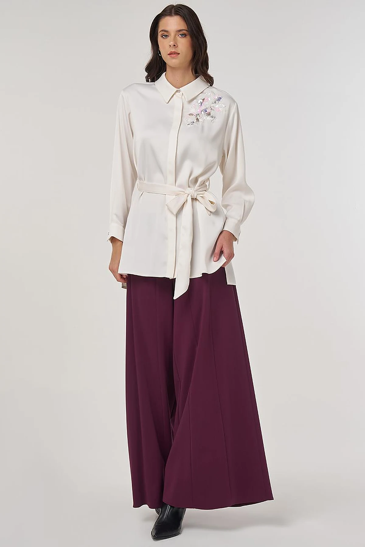 Sequin-Embroidered Satin Tunic Ecru