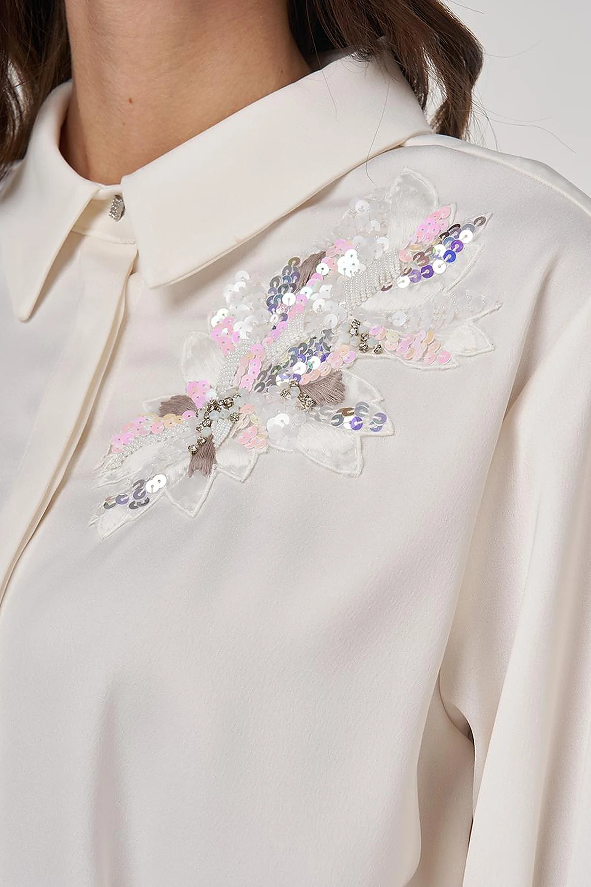 Sequin-Embroidered Satin Tunic Ecru