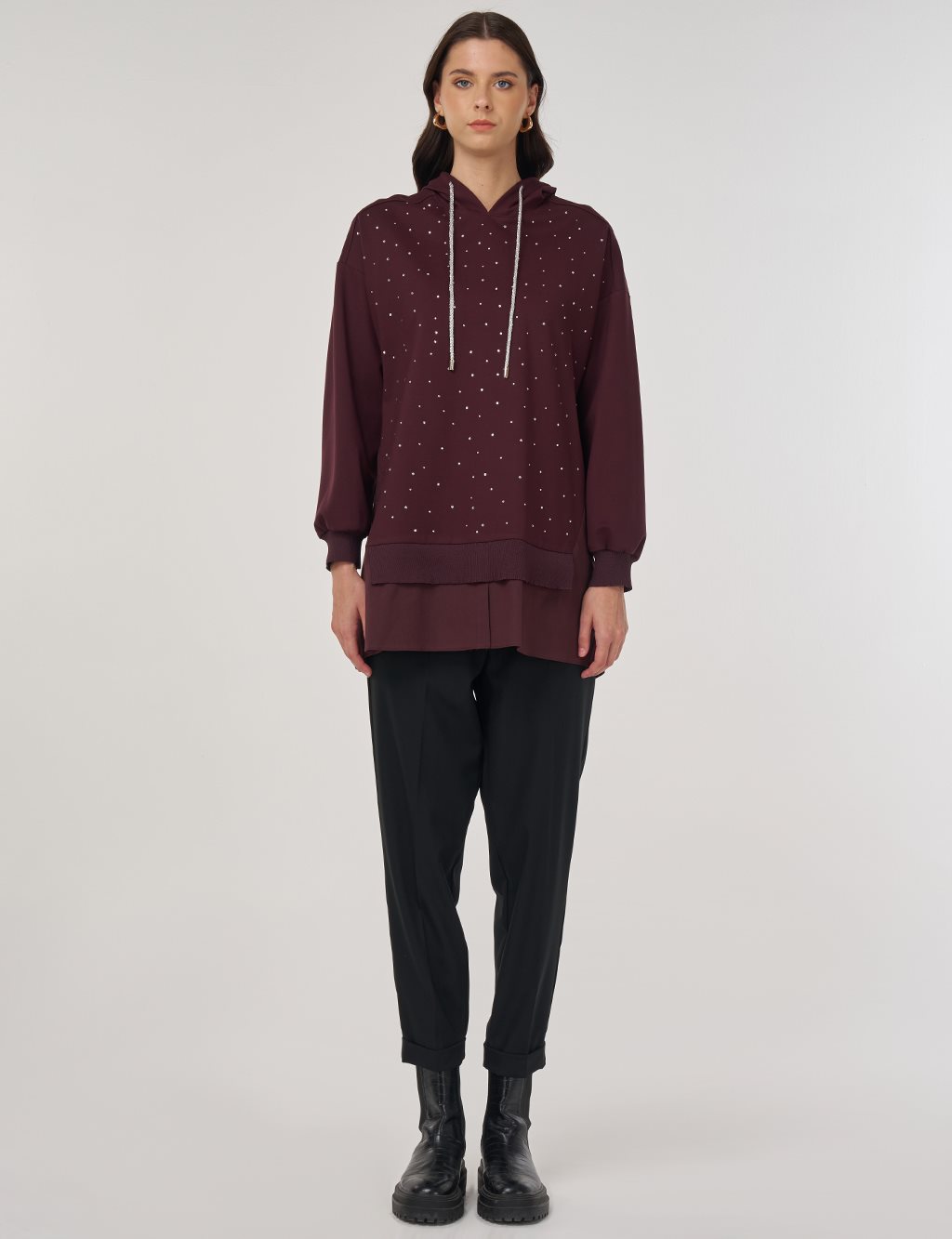 Hotfix Baskılı Rayon Sweatshirt Koyu Bordo 