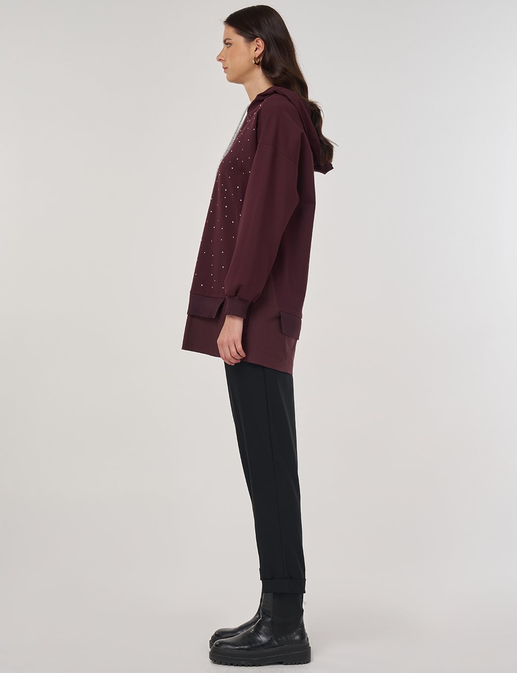 Hotfix Baskılı Rayon Sweatshirt Koyu Bordo 