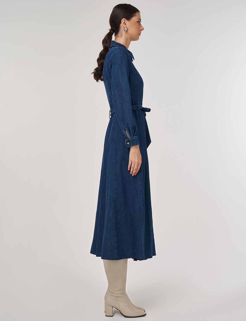 Kuşaklı Denim Elbise Lacivert