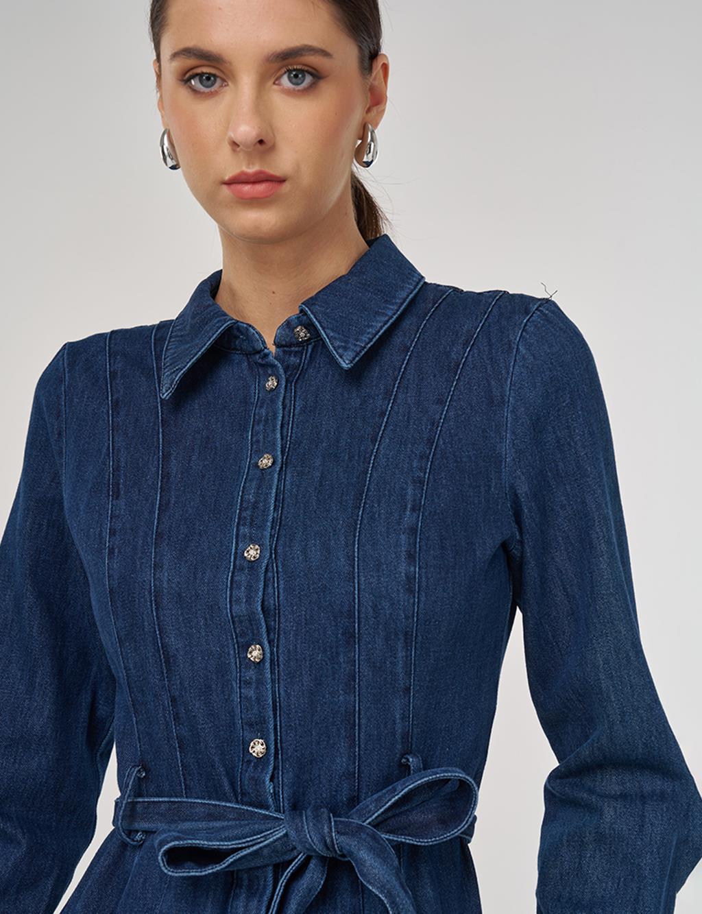 Kuşaklı Denim Elbise Lacivert