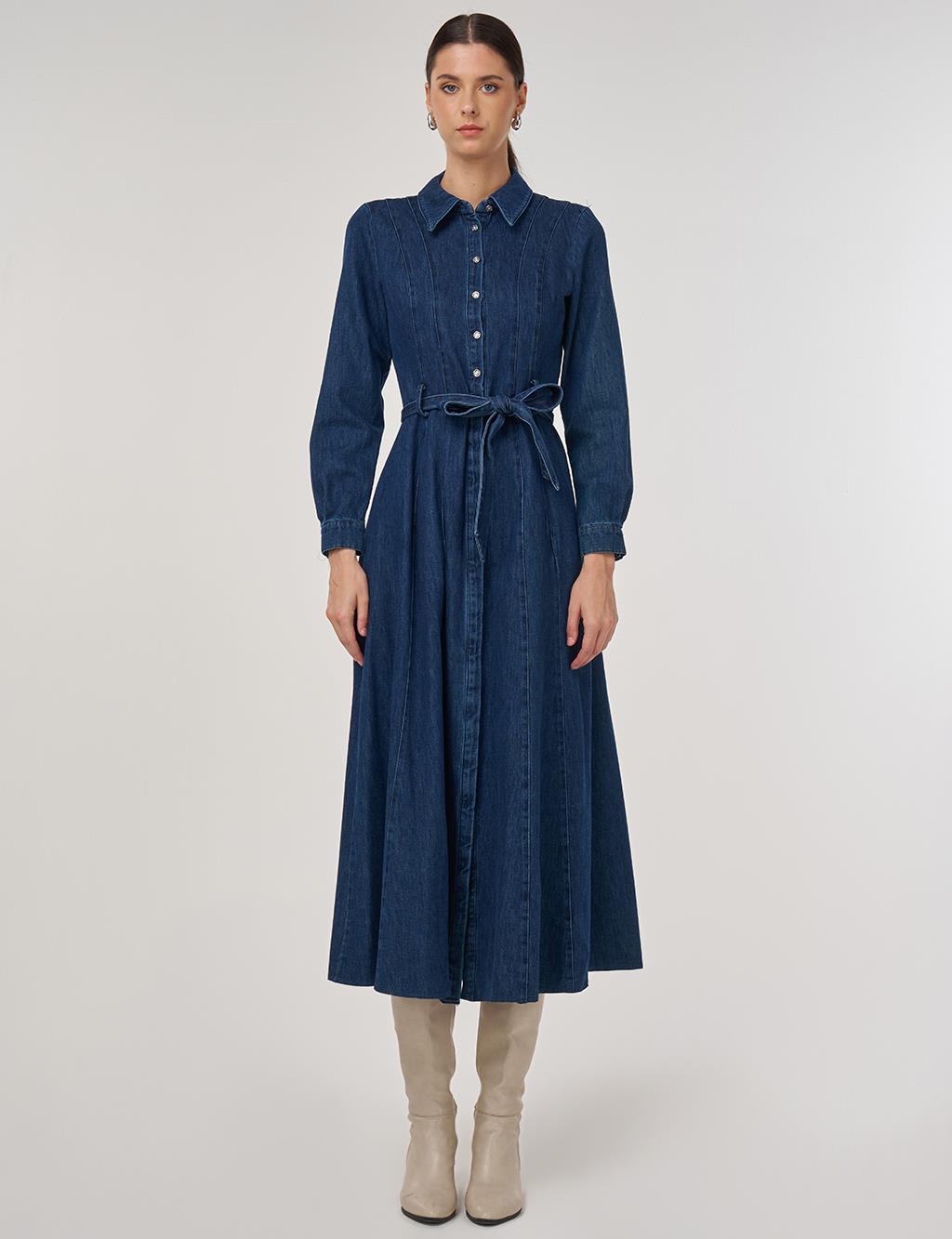 Kuşaklı Denim Elbise Lacivert