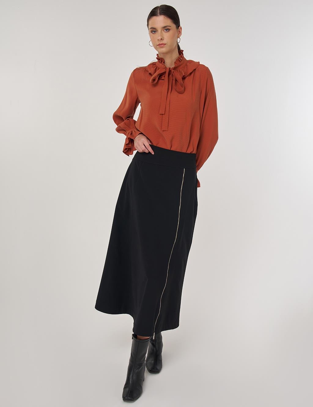 Fermuar Detaylı Çan Etek Siyah 