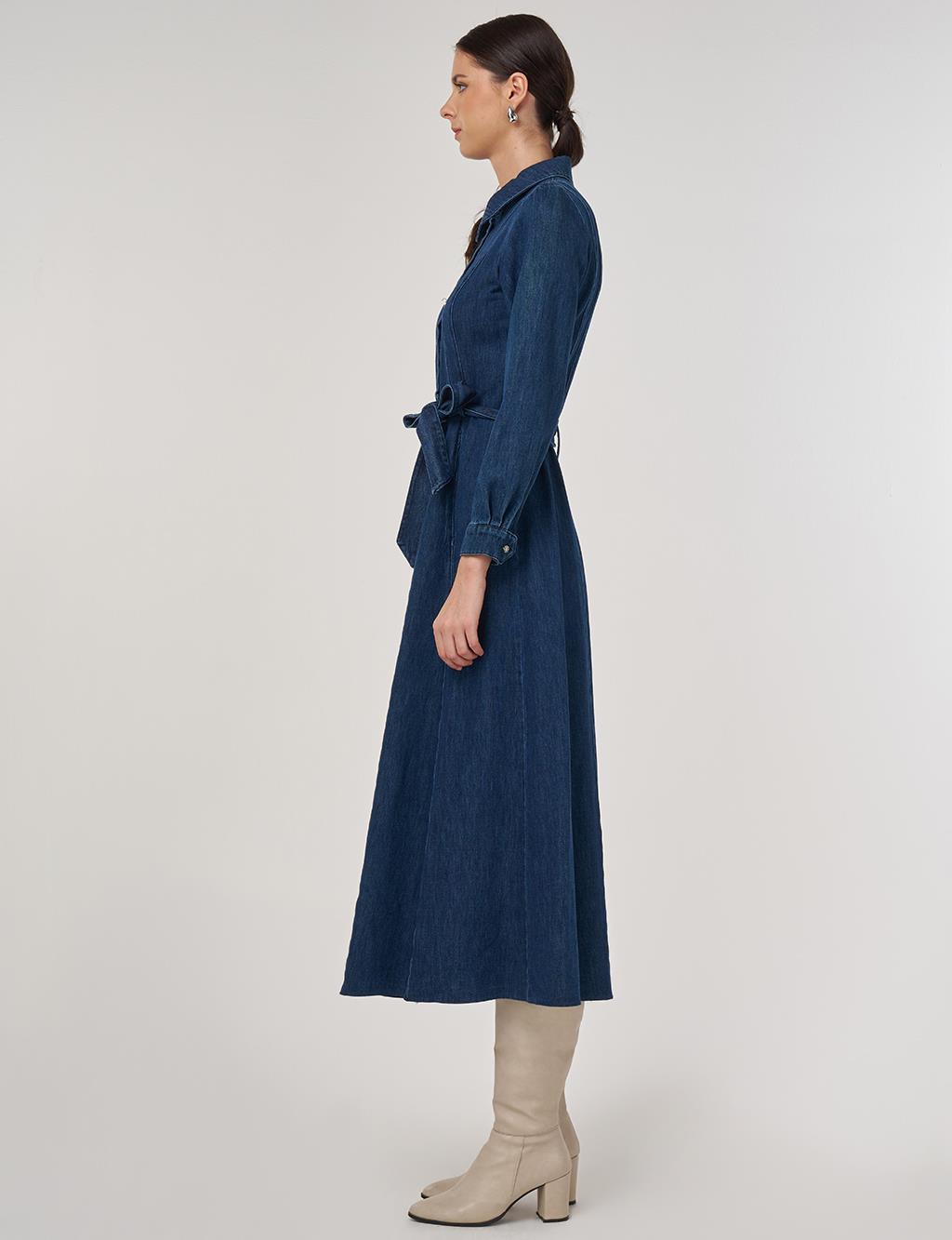 Kuşaklı Denim Elbise Lacivert