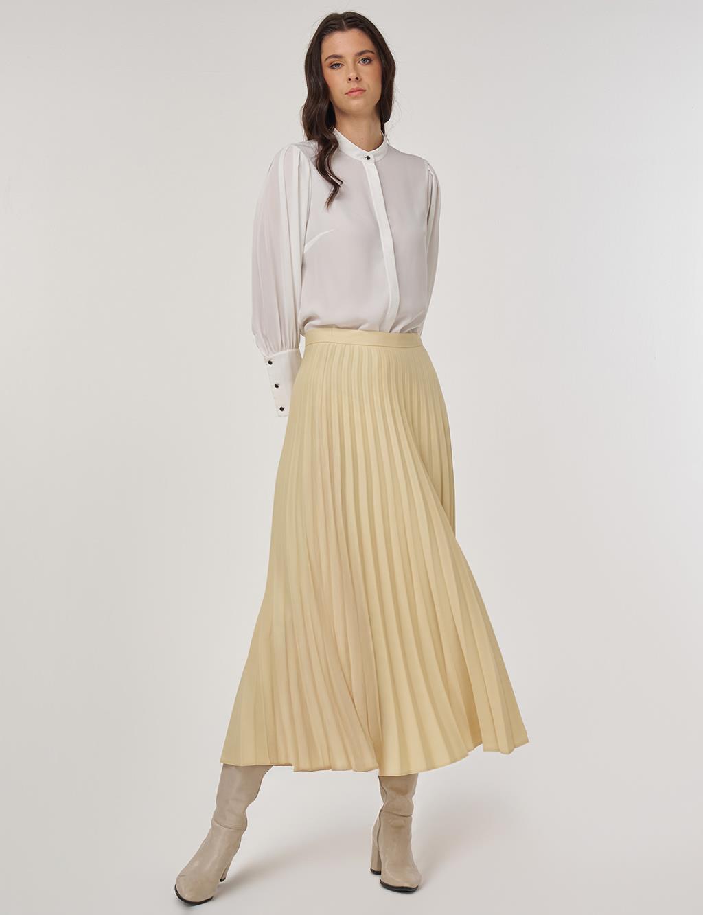 Pleated Satin Skirt in Light Yellow