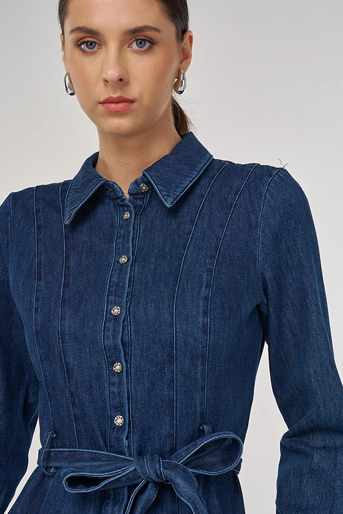 Belted Denim Dress in Navy Blue