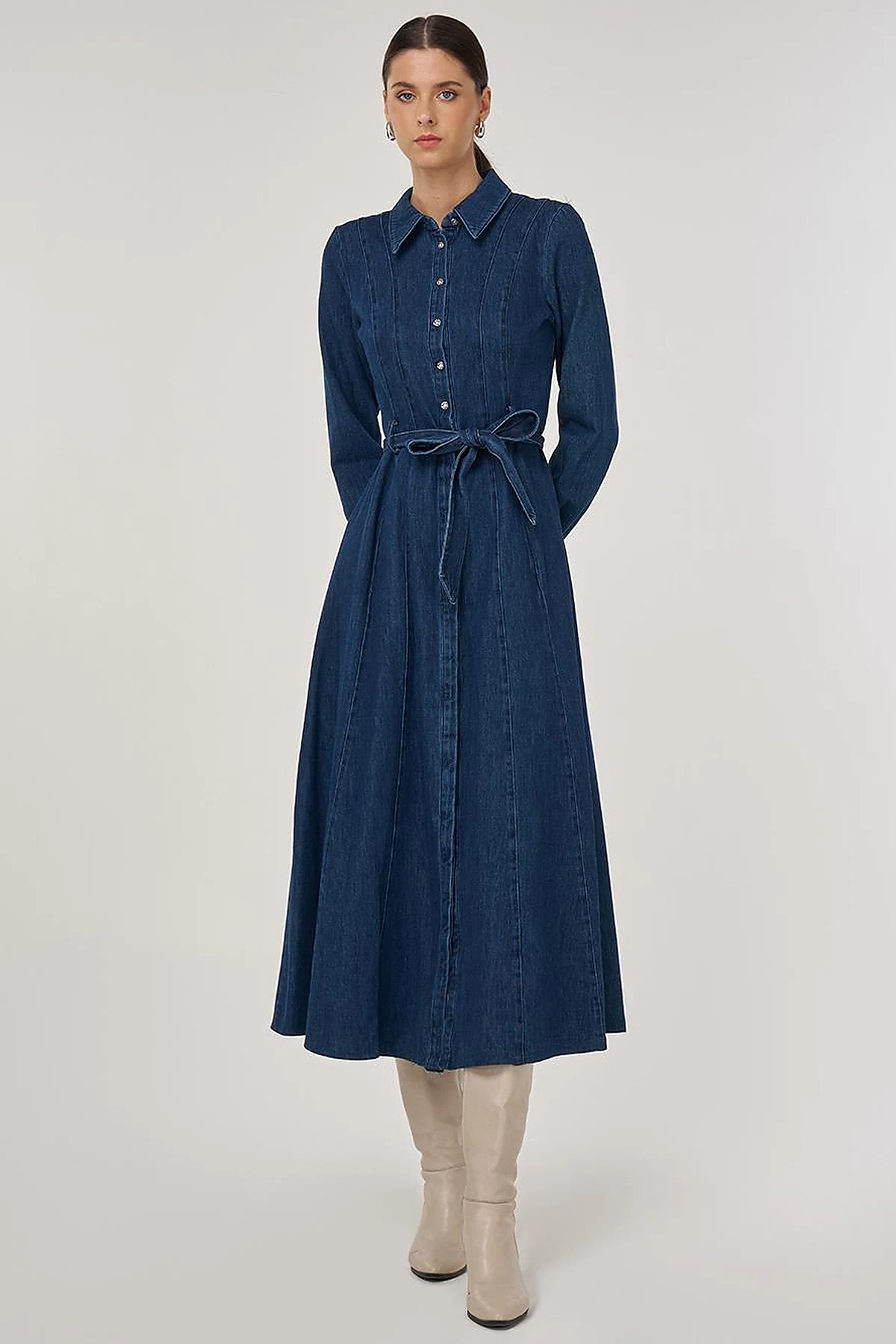 Belted Denim Dress in Navy Blue