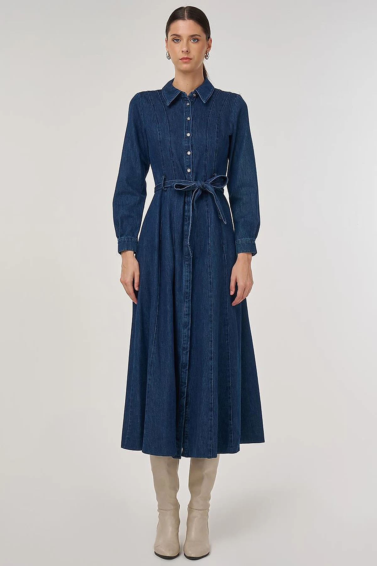 Belted Denim Dress in Navy Blue