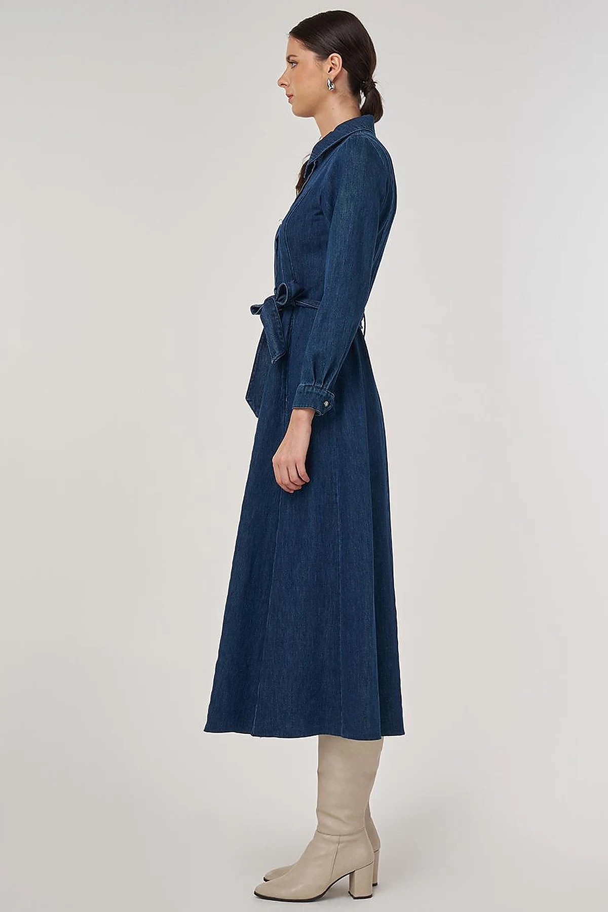 Belted Denim Dress in Navy Blue