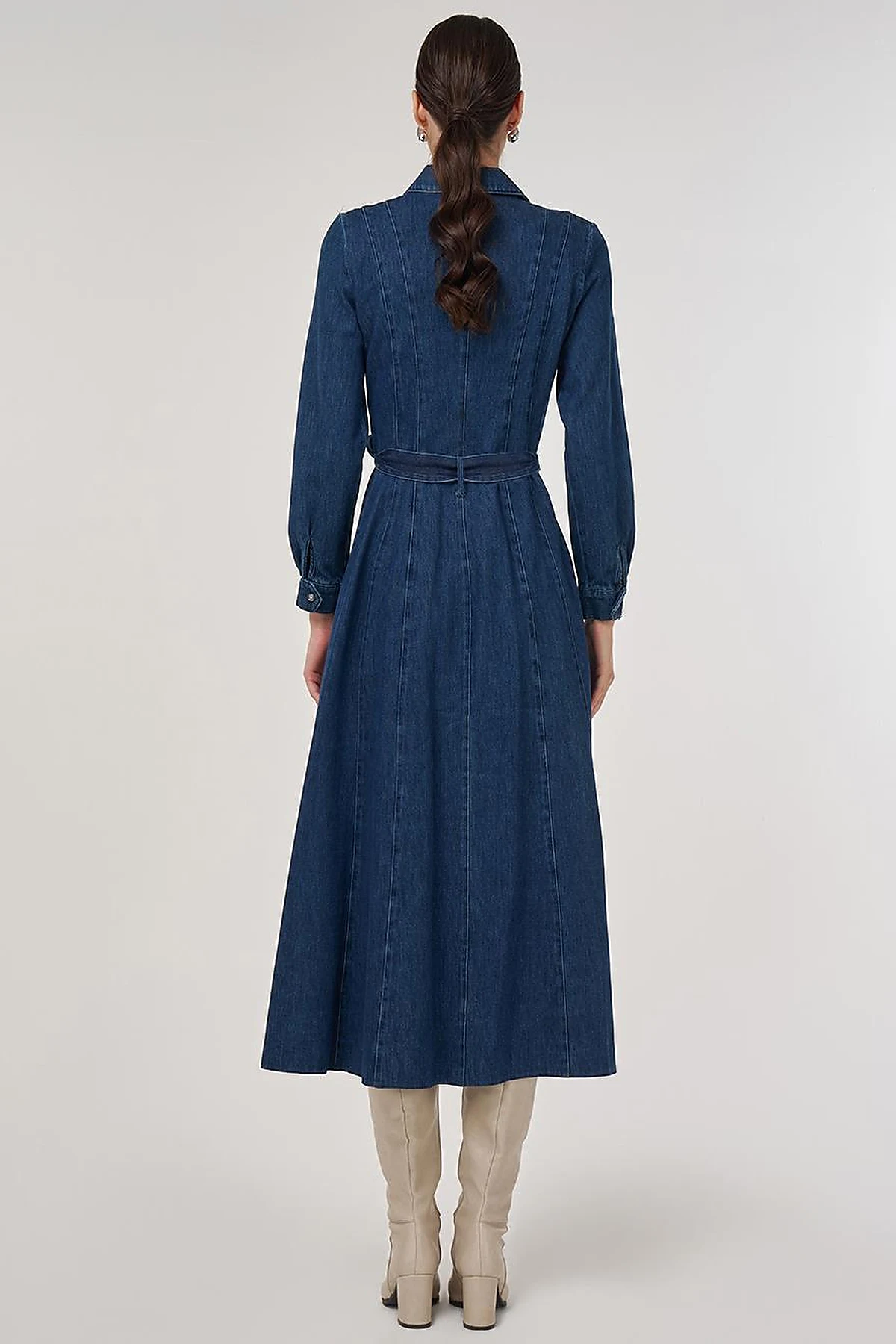 Belted Denim Dress in Navy Blue
