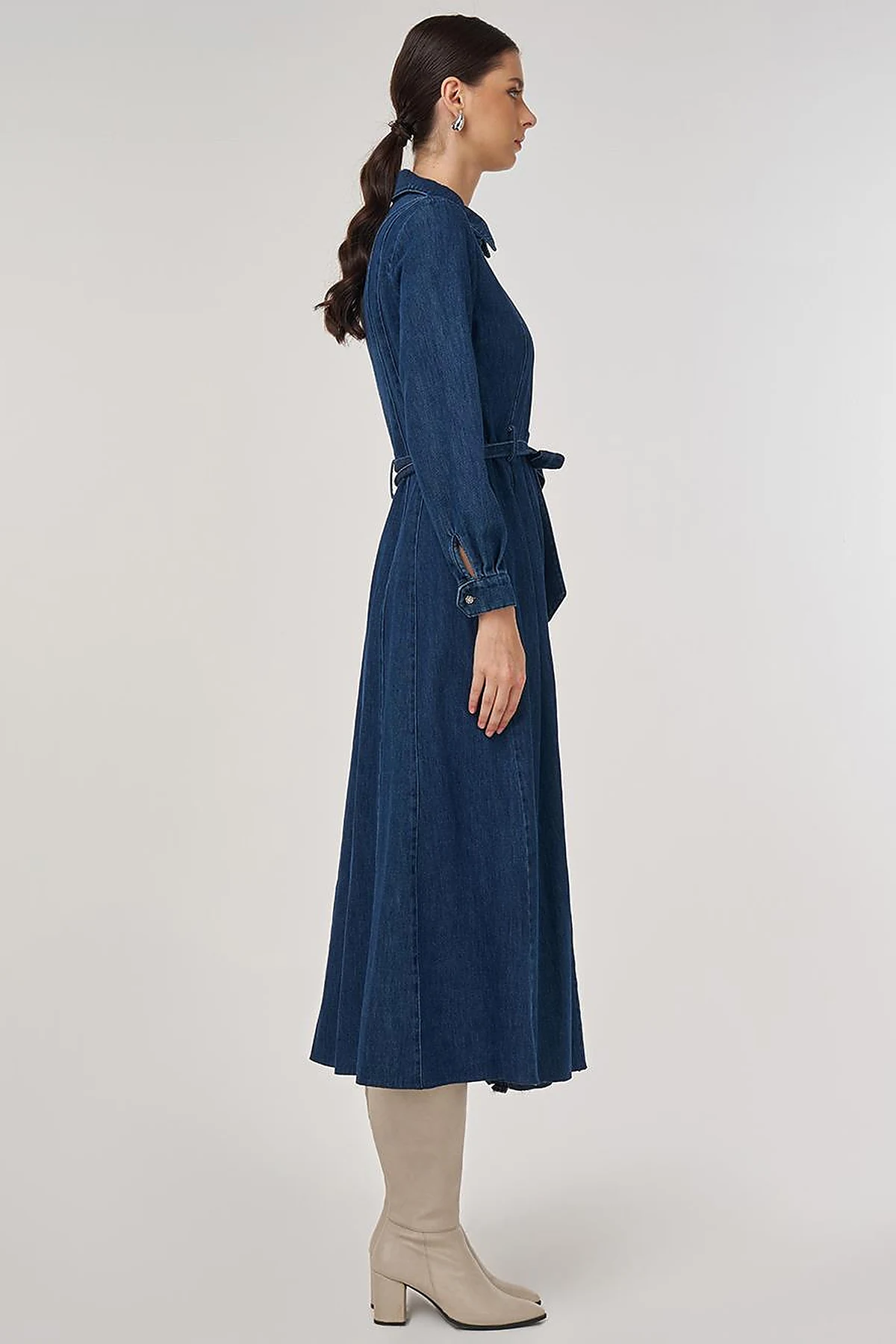 Belted Denim Dress in Navy Blue