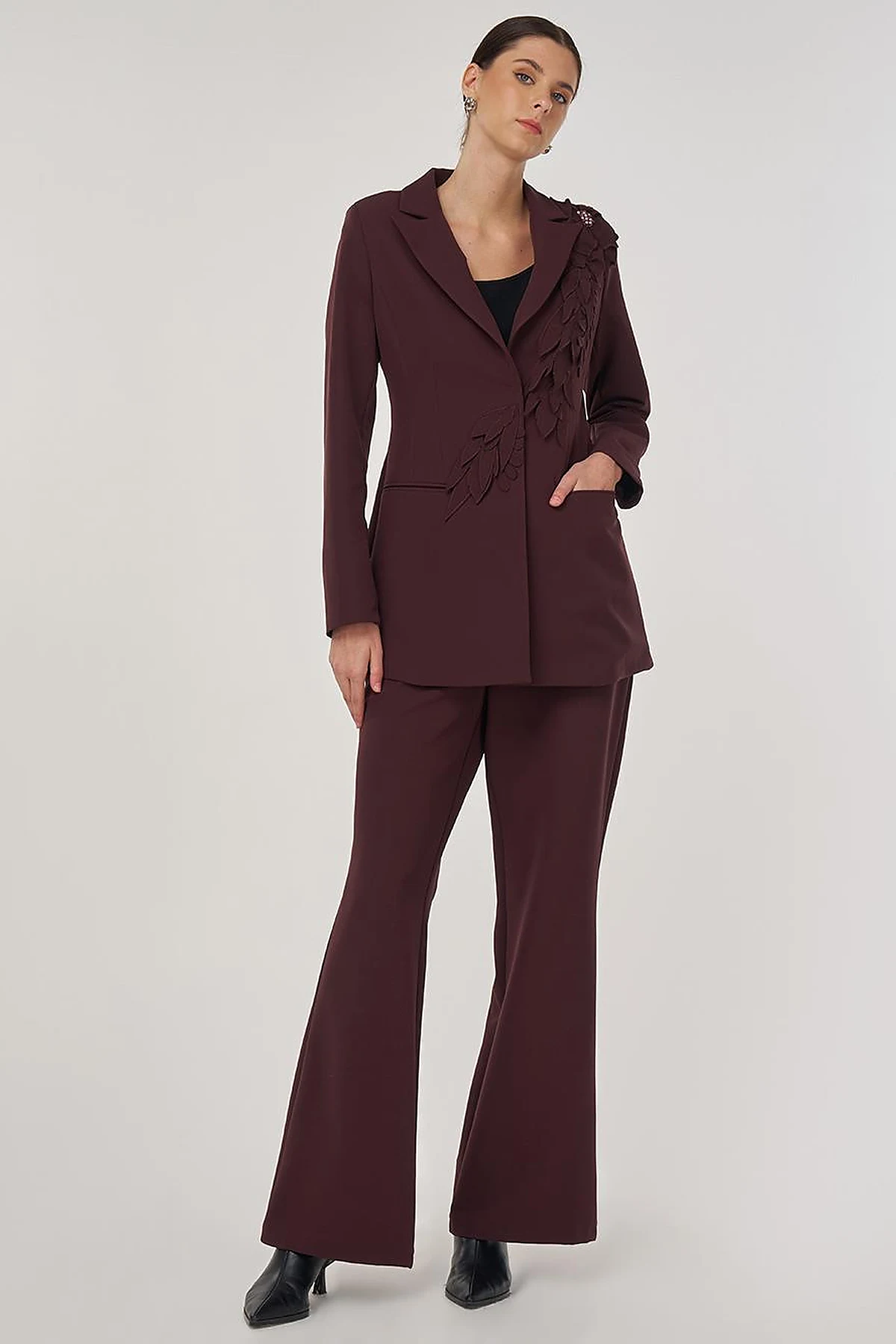 Embroidered Two-Piece Suit in Dark Burgundy
