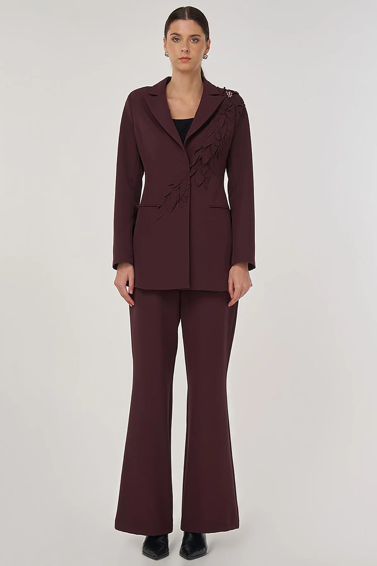 Embroidered Two-Piece Suit in Dark Burgundy