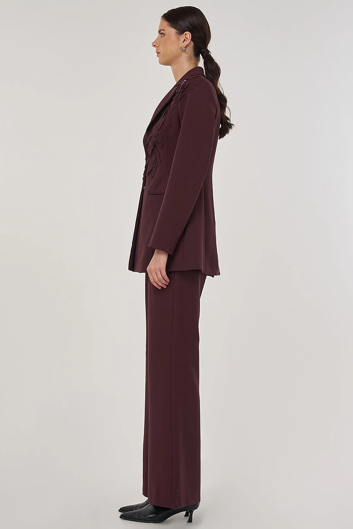 Embroidered Two-Piece Suit in Dark Burgundy