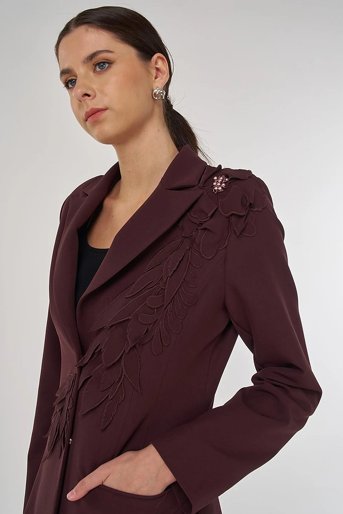 Embroidered Two-Piece Suit in Dark Burgundy