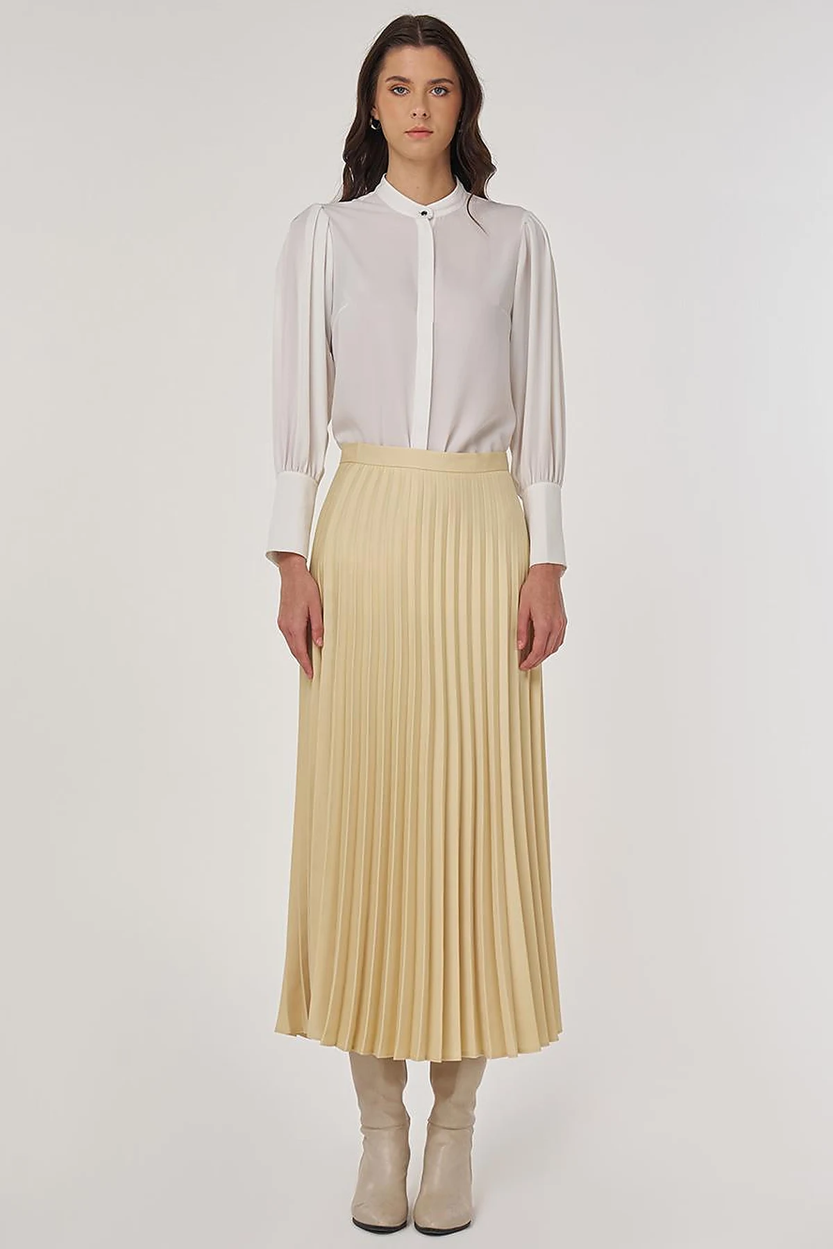 Pleated Satin Skirt in Light Yellow