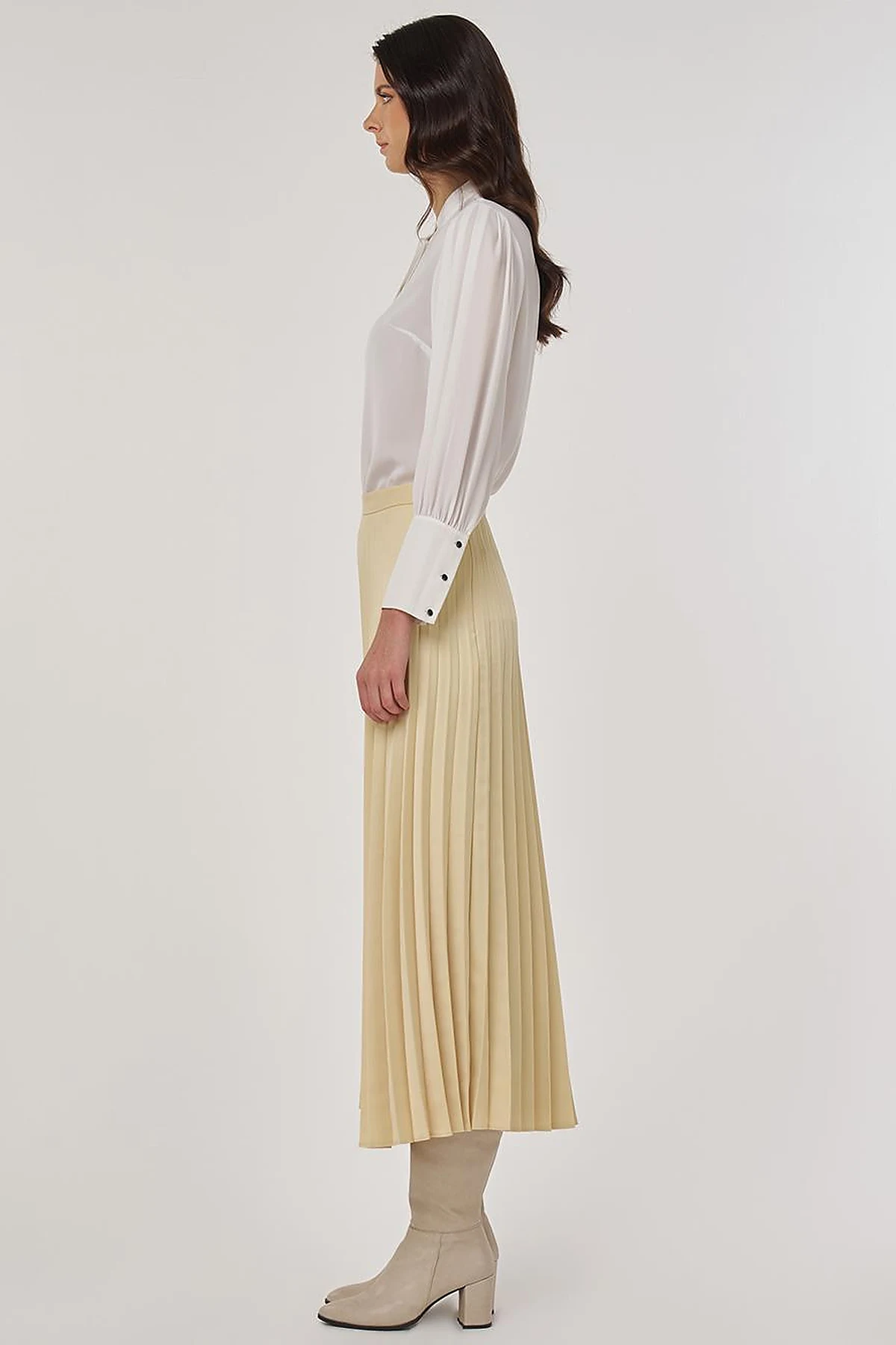 Pleated Satin Skirt in Light Yellow