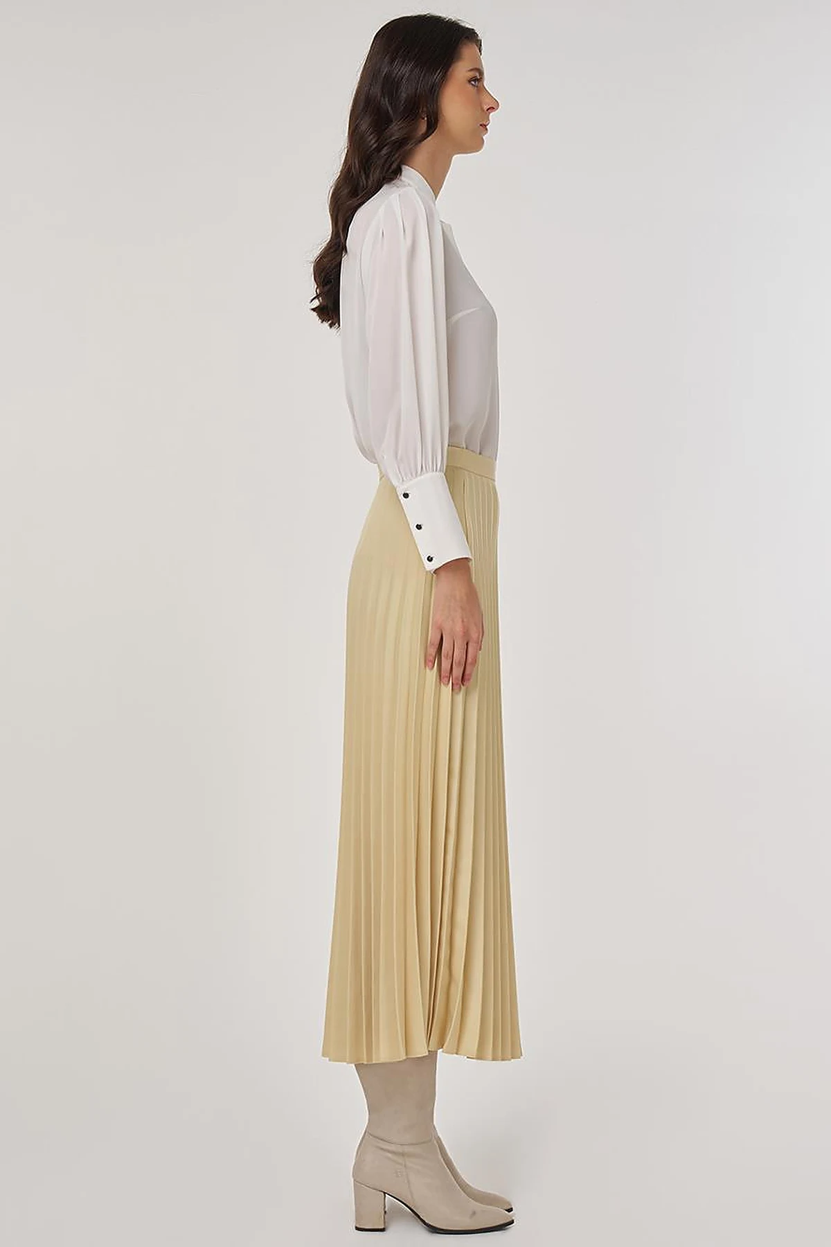 Pleated Satin Skirt in Light Yellow