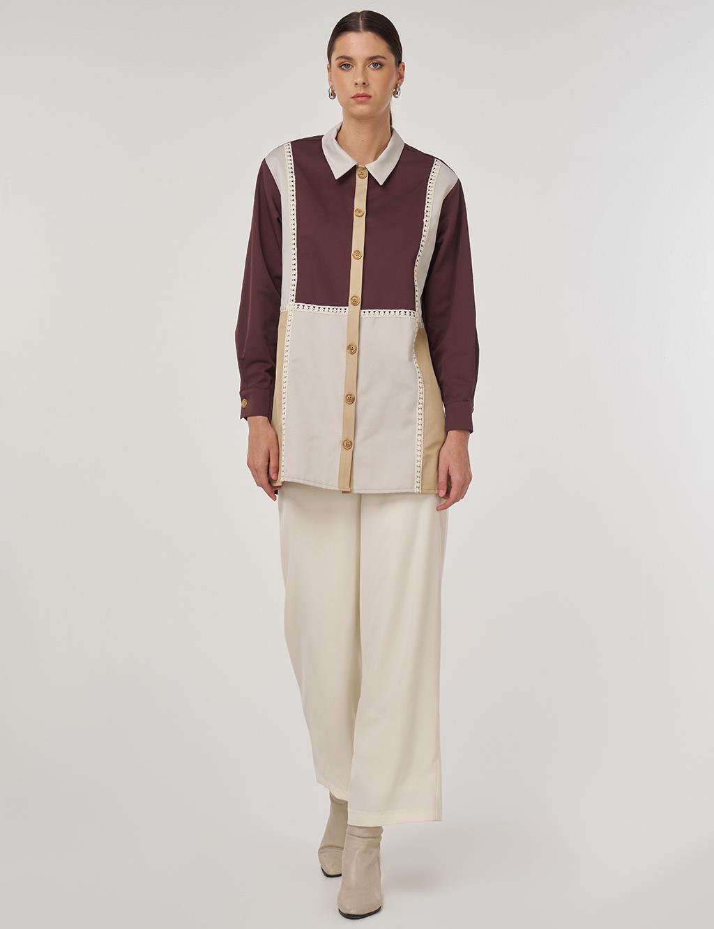 Striped Scalloped Cotton Tunic in Dark Burgundy