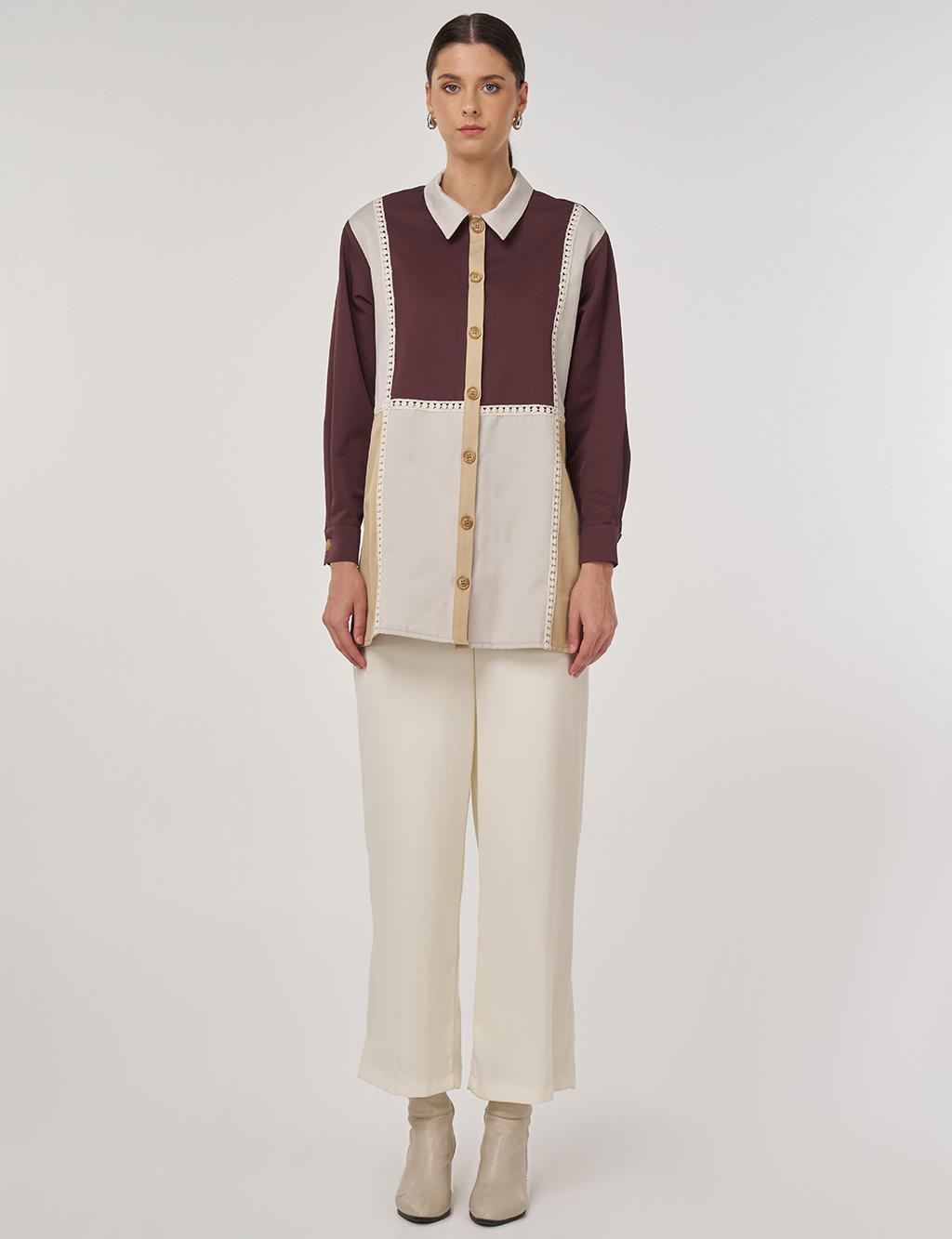 Striped Scalloped Cotton Tunic in Dark Burgundy