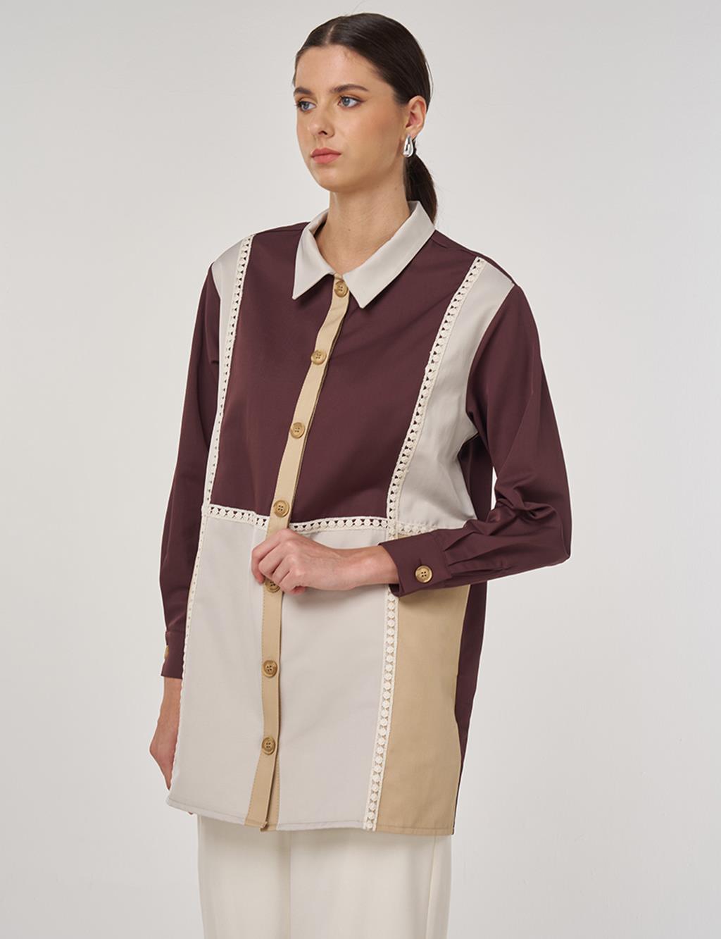 Striped Scalloped Cotton Tunic in Dark Burgundy