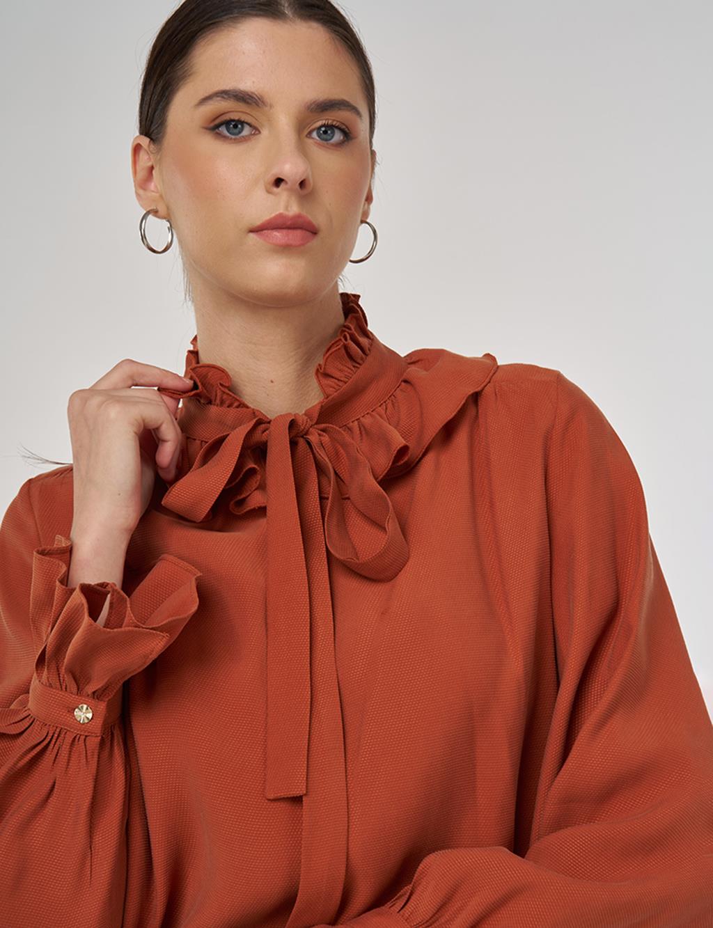 Collar Detailed Rayon Blouse in Brick