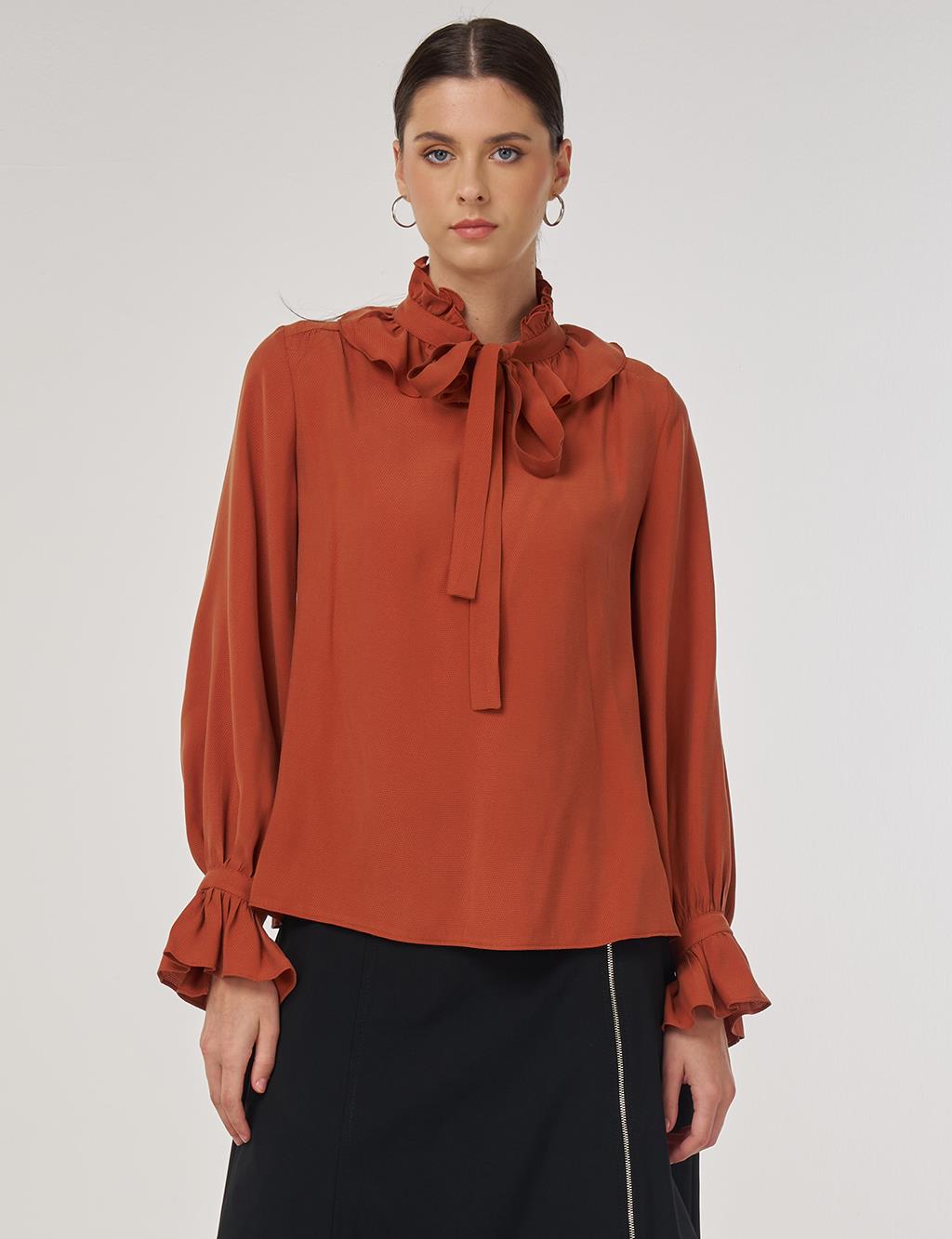 Collar Detailed Rayon Blouse in Brick