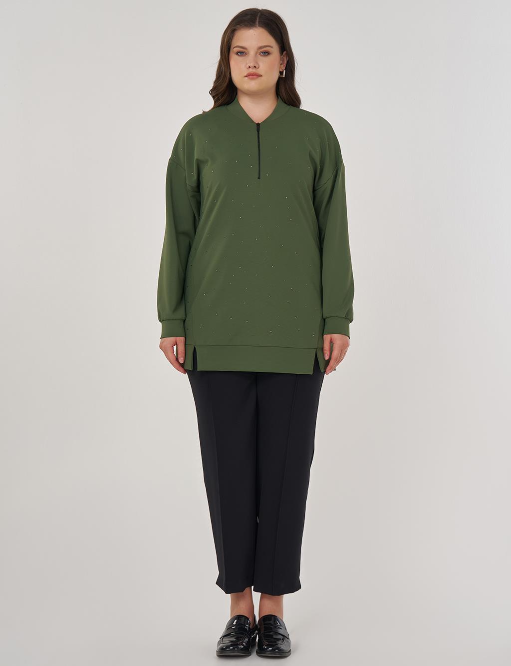 Kolej Yaka Hotfix Baskılı Sweatshirt Orman Yeşili