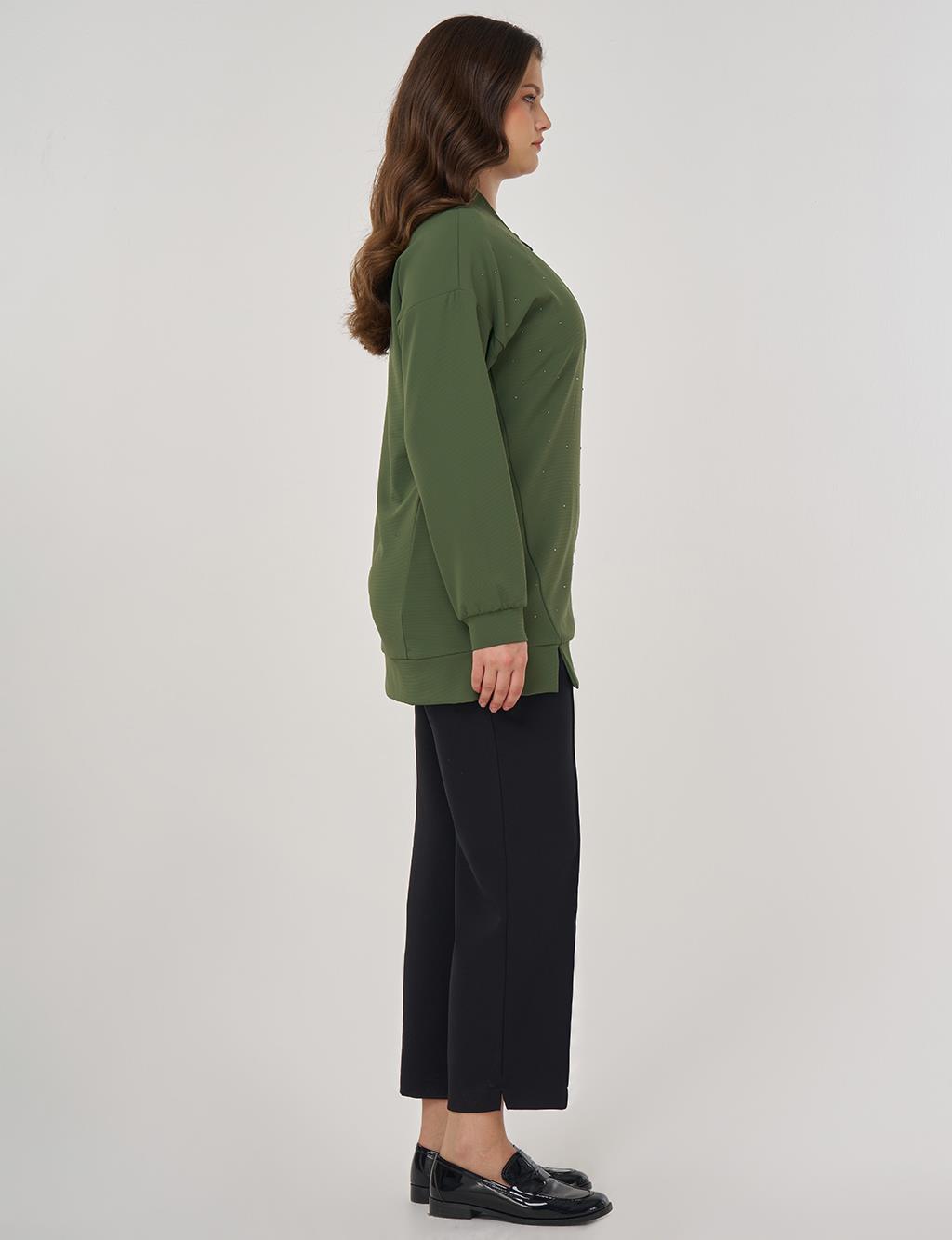 Kolej Yaka Hotfix Baskılı Sweatshirt Orman Yeşili