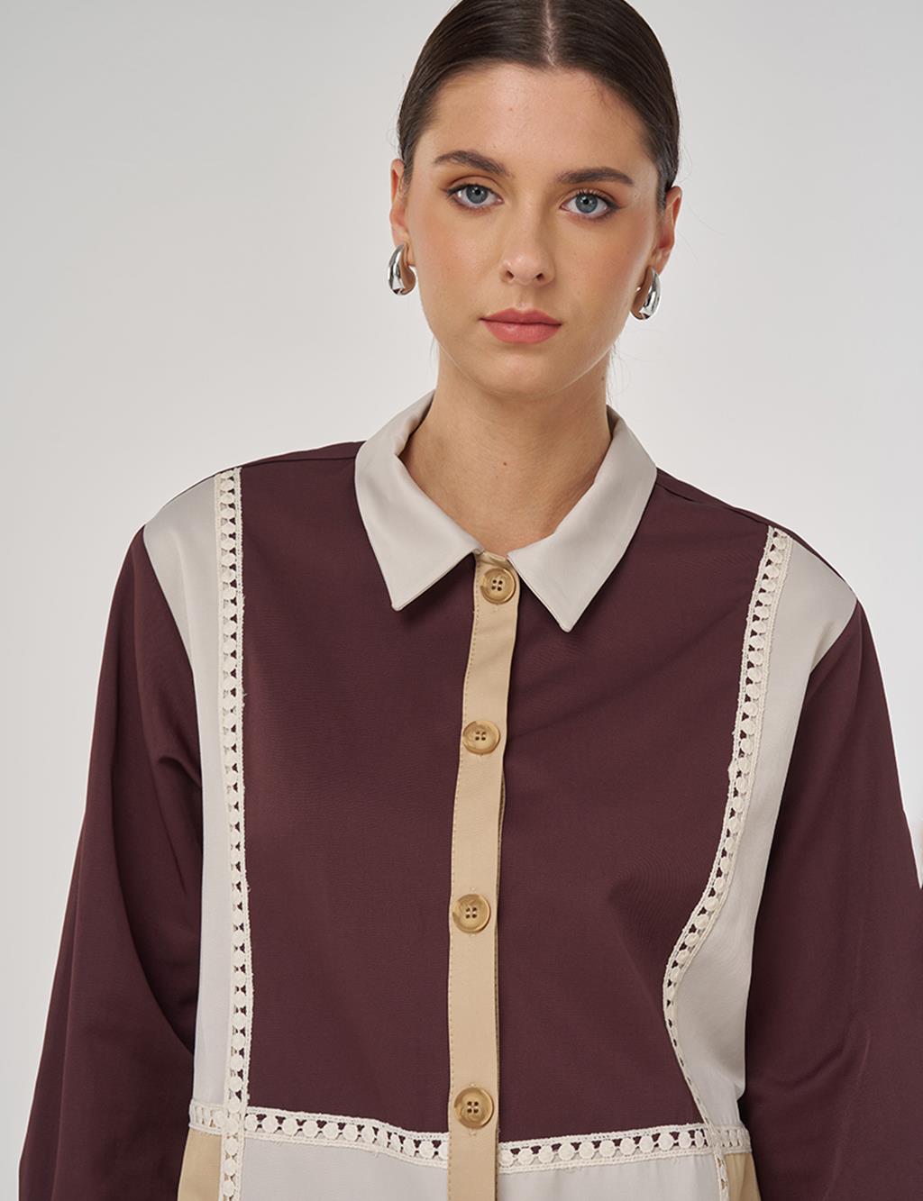 Striped Scalloped Cotton Tunic in Dark Burgundy