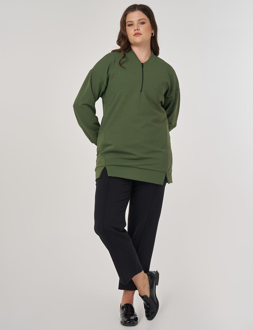 Kolej Yaka Hotfix Baskılı Sweatshirt Orman Yeşili