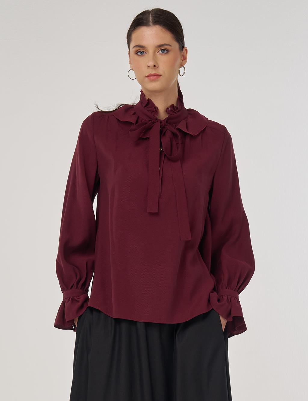 Collar Detailed Rayon Blouse in Burgundy