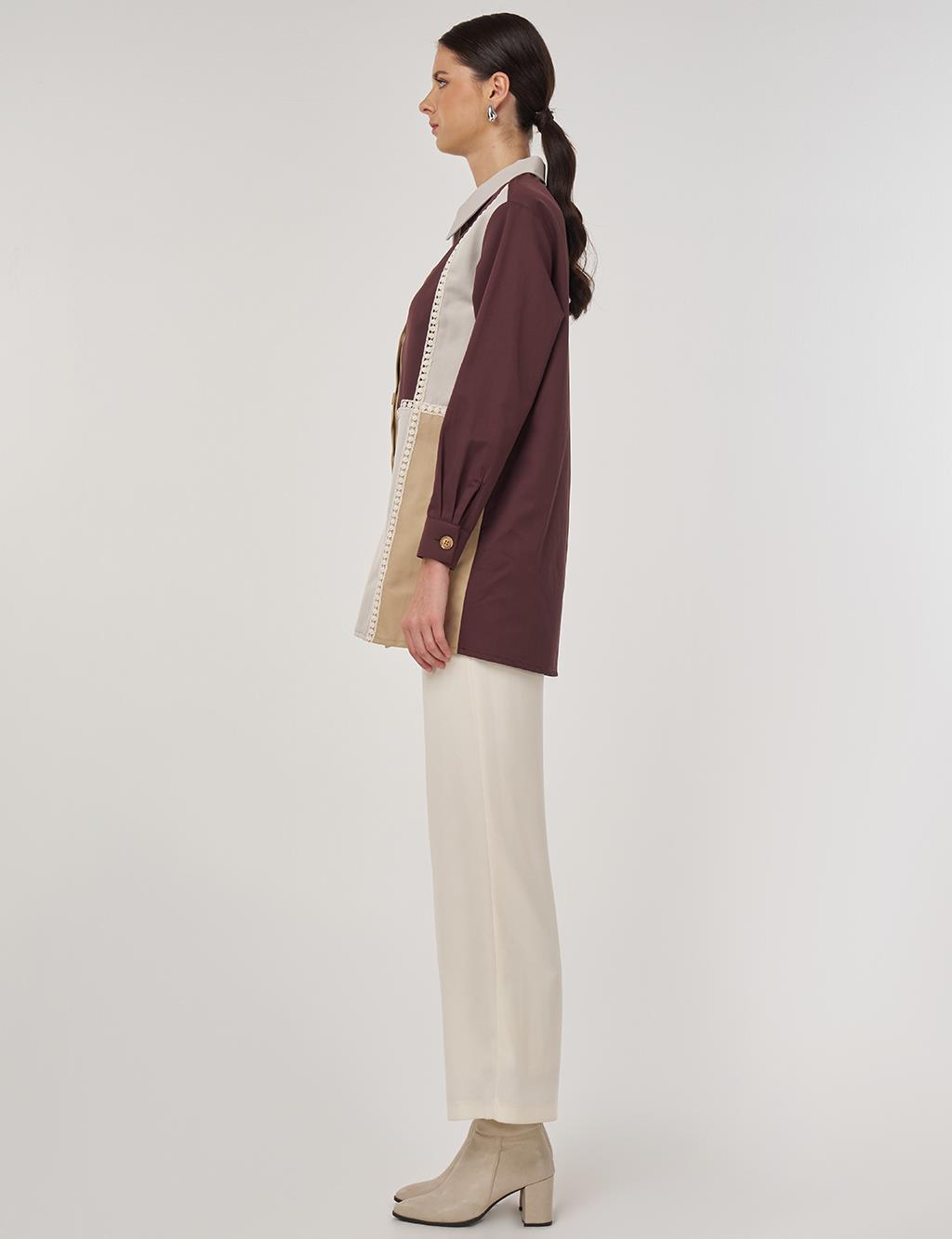 Striped Scalloped Cotton Tunic in Dark Burgundy